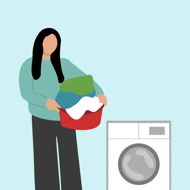 Vector illustration of Woman and washing machine, vector.