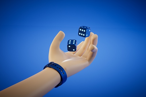 the concept of playing dice. a hand tossing dice on a blue background. 3D render.