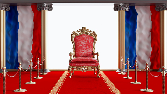 3D render of french red royal throne with flag of french, red carpet with golden barriers leading to red throne