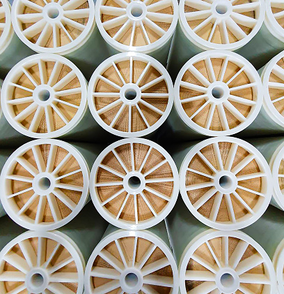 Top view of multiple 8 reverse osmosis membranes. For use in industrial water filtration systems