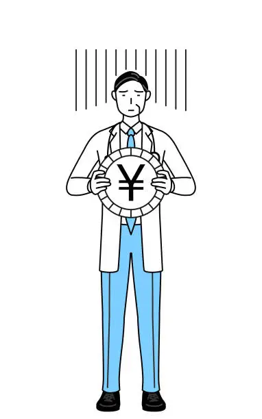 Vector illustration of Male doctor in white coats with stethoscopes, senior, middle-aged veterans, an image of exchange loss or yen depreciation