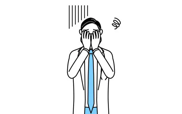 Vector illustration of Male doctor in white coats with stethoscopes, senior, middle-aged veterans covering her face in depression.