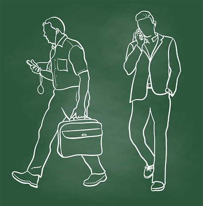 Business men on their phones.  One talking and one texting.  One facing and one in profile view.  One carrying a briefcase and the other with a hand in his pocket.