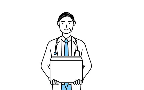Vector illustration of Male doctor in white coats with stethoscopes, senior, middle-aged veterans working to carry cardboard boxes