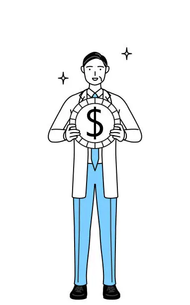 Vector illustration of Male doctor in white coats with stethoscopes, senior, middle-aged veterans, with images of foreign exchange gains and dollar appreciation.