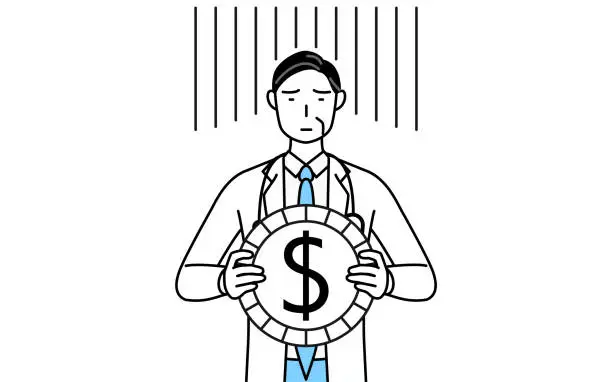 Vector illustration of Male doctor in white coats with stethoscopes, senior, middle-aged veterans, an image of exchange loss or dollar depreciation