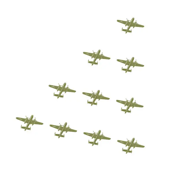 Vector illustration of WWII Bomber Planes Formation Flying