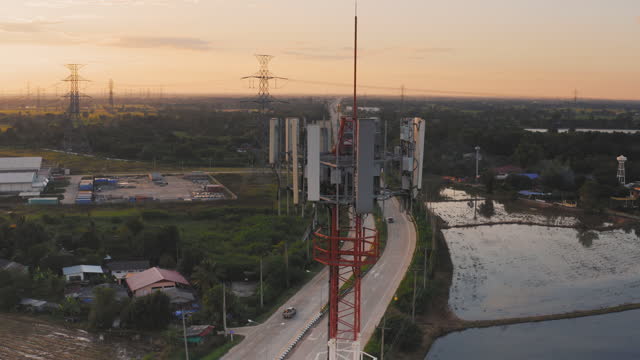 Aerial view Telecommunication Tower at sunset