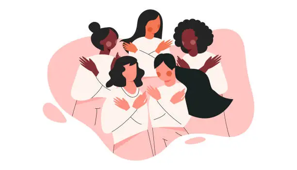 Vector illustration of Embrace Equity International Women day 2023. Woman hug yourself vector illustration poster. 8 March feminine banner. #EmbraceEquity. Female empowerment movement. Sisterhood and girl power concept