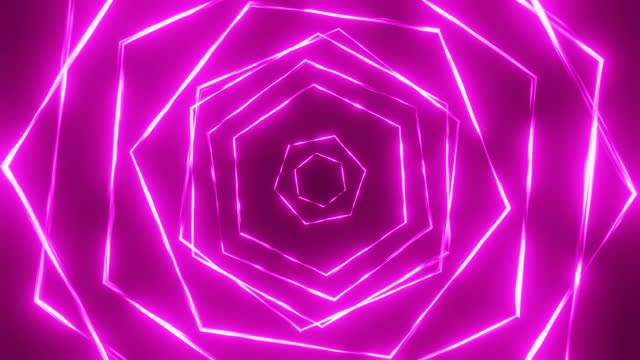 A 3D animated geometric background featuring a neon hexagon swirling