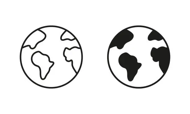 Vector illustration of Globe Earth Silhouette and Line Icon Set. Global Planet Sphere Map Pictogram. Round World Continent Europe Africa America Australia Asia Sign. Editable Stroke. Isolated Vector Illustration