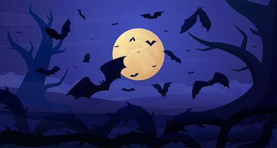 Spooky halloween silhouettes, forest landscape, dark night sky. Horror backdrop with moon, october scary banner design, creepy dracula, cemetery horizontal banner. Vector cartoon recent background