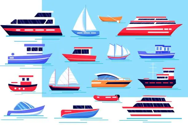 Vector illustration of Yacht boat. Speed sea ship. Cruise motorboat. Water transport set. Fishing on speedboat. Powerboat and trawler in ocean waves. Travel by sailboat. Vector cartoon recent illustration