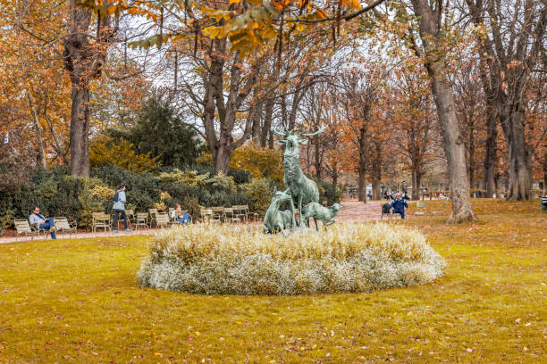 Deer statue by Arthur le Duc in Luxembourg Garden in Paris France in Autumn