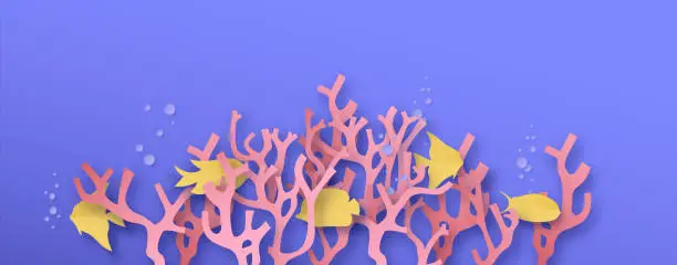 Vector illustration of Paper cut coral reef sea background with fish