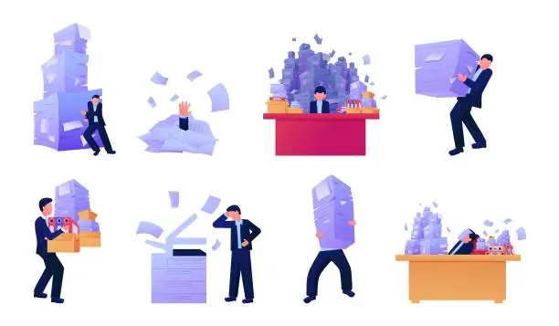 Vector illustration of Messy office paperwork. Overworked worker with documents stacks. Photocopy printer. Duplicate printing work. Unorganized paper piles set. Sheets heap on desk. Vector recent illustration