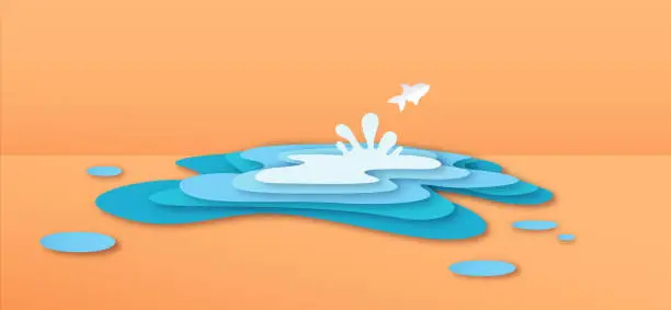 Vector illustration of Paper cut fish jumping in water puddle concept