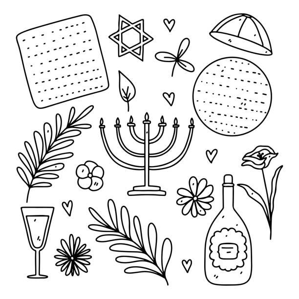 Happy Passover elements with Wine and Matzah in hand drawn doodle style. Jewish Holiday vector items set isolated on white background. Happy Passover elements with Wine and Matzah in hand drawn doodle style. Jewish Holiday vector items set isolated on white background passover stock illustrations