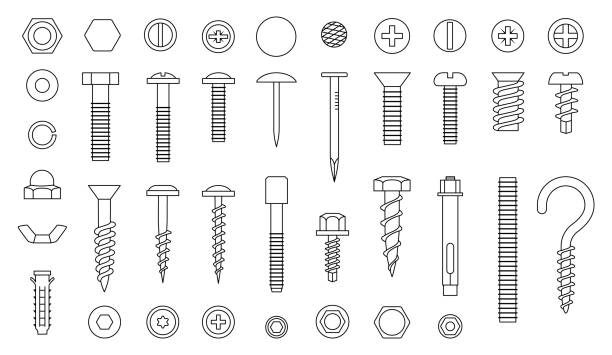 schraubliniensymbole. mutternagel und schraube. fixierung eisenfluss, metallbeschläge, haken und bohrer, umriss schwarze instrumente. isolierte elemente für den bau. industry vector utter symbole set - workshop screw storage room repairing stock-grafiken, -clipart, -cartoons und -symbole