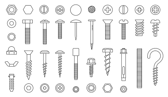 Screw line icons. Nut nail and bolt. Fixation iron river, metal hardware, hook and drill, outline black instruments for building. Isolated elements for construction. industry vector utter symbols set