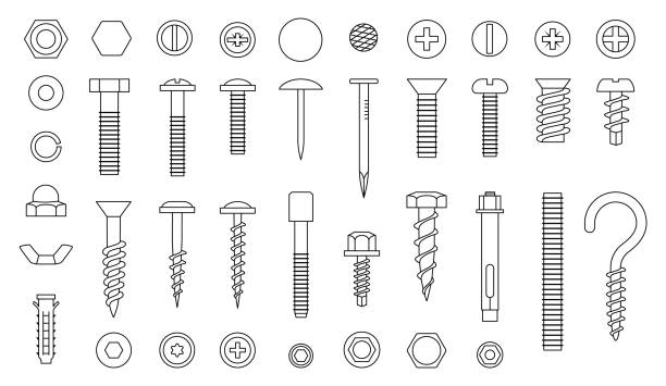 Screw line icons. Nut nail and bolt. Fixation iron river, metal hardware, hook and drill, outline black instruments. Isolated elements for construction. industry vector utter symbols set Screw line icons. Nut nail and bolt. Fixation iron river, metal hardware, hook and drill, outline black instruments for building. Isolated elements for construction. industry vector utter symbols set bolt fastener stock illustrations