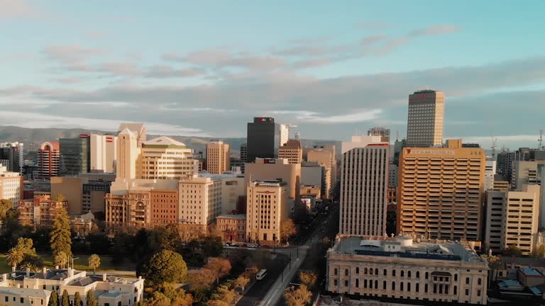 Adelaide at sunset, aerial view of the city from drone, South Australia