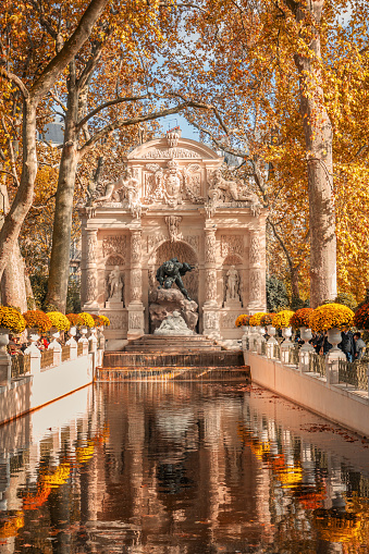 The Medici Fountain, fontaine Medicis, a monumental fountain in the Jardin du Luxembourg garden in Paris, in Autumn in France