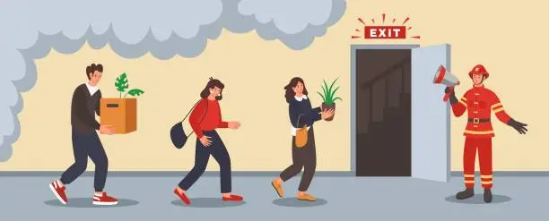 Vector illustration of Alarm fire evacuation. Office safety. People leaving work on escape. Emergency workplace door. Flame alert. Workers running to exit. Fireman with megaphone. Vector cartoon tidy concept