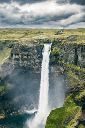 View on the Haifoss waterfall from the Fossa river in Iceland.