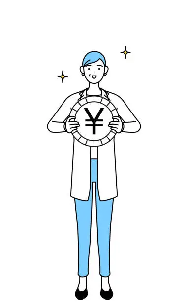 Vector illustration of Female doctor in white coats with stethoscopes, senior, middle-aged veterans, an image of foreign exchange gains and yen appreciation