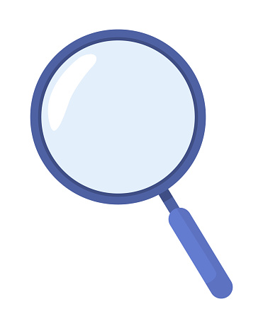 Magnifying glass semi flat color vector element. Reading magnifier. Glass lens. Editable item. Full sized object on white. Simple cartoon style illustration for web graphic design and animation
