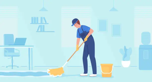 Vector illustration of Commercial floor cleaning service flat color vector illustration