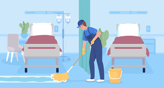 Mopping hospital floor surfaces flat color vector illustration. Male janitor in uniform cleaning floor with mop. Fully editable 2D simple cartoon character with light blue interior on background
