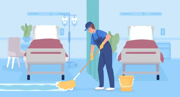 Vector illustration of Mopping hospital floor surfaces flat color vector illustration