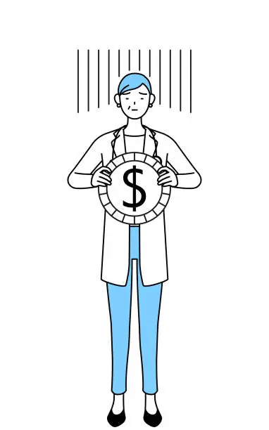 Vector illustration of Female doctor in white coats with stethoscopes, senior, middle-aged veterans, an image of exchange loss or dollar depreciation