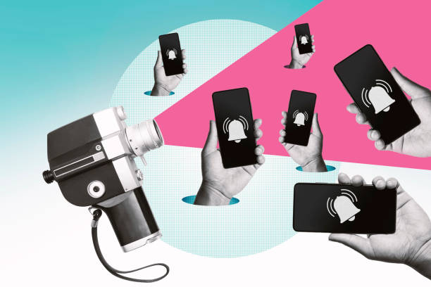 istock Bell notifications on mobile phone to watch digital media. or live streaming.Abstract art collage. 1468533518
