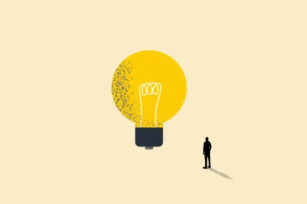 Vector illustration of Businessman standing in front of a huge light bulb. concept of new idea, creativity, innovation, problem solve