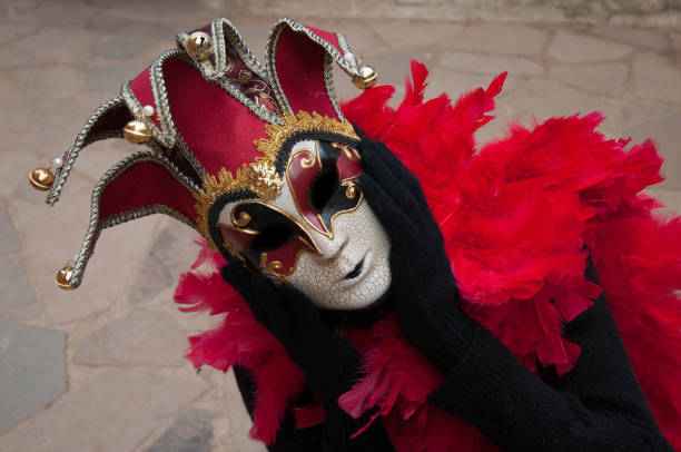 Venice, Italy - March 3, 2014: The photo was taken during the famous Venice carnival in front the green wooden door on Campo San Zaccaria. We can see attractive masked man who wearing who wearing traditional carnival Jester costume in many colors. Venice, Italy.
