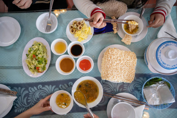 Overhead view eating tasty food. Favorite meal