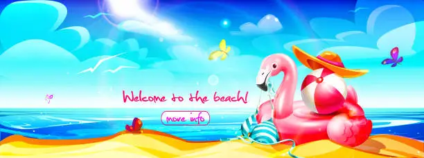 Vector illustration of Beach holiday concept in cartoon style. An inflatable pink flamingo with a ball, a bikini and a hat on the sand by the sea against the backdrop of a summer sunny tropical landscape.