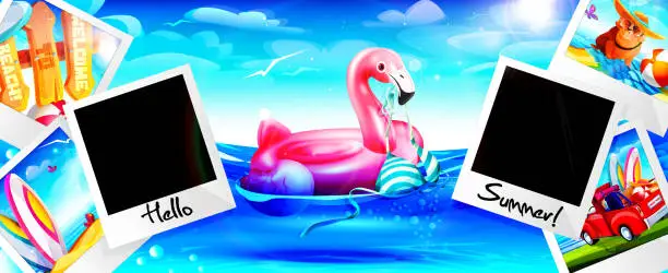 Vector illustration of Beach holiday concept in cartoon style. Inflatable pink flamingo with bikini in water and quick print photos with empty space for photo.