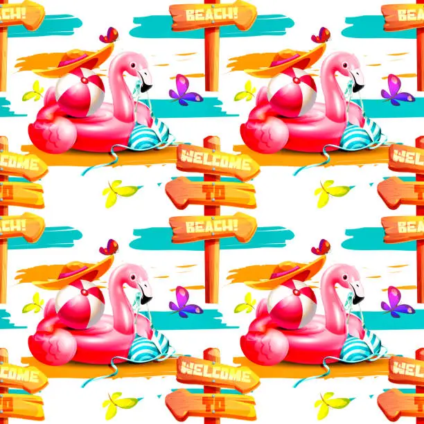 Vector illustration of Beach holiday concept in cartoon style. Inflatable pink flamingo with bikini, ball and hat and old wooden direction sign. Creative summer seamless pattern.