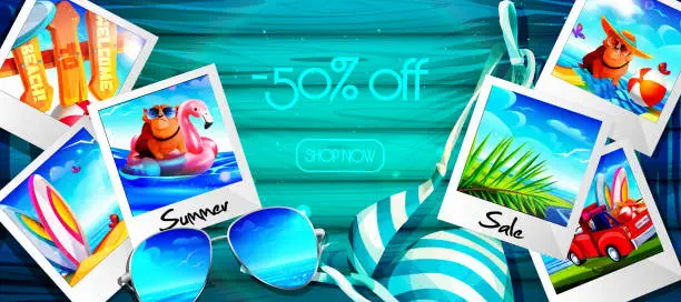 Vector illustration of Summer sale concept in cartoon style. Summer shots of instant discount print on abstract wooden background with swimsuit and sunglasses in the shade of palm trees.