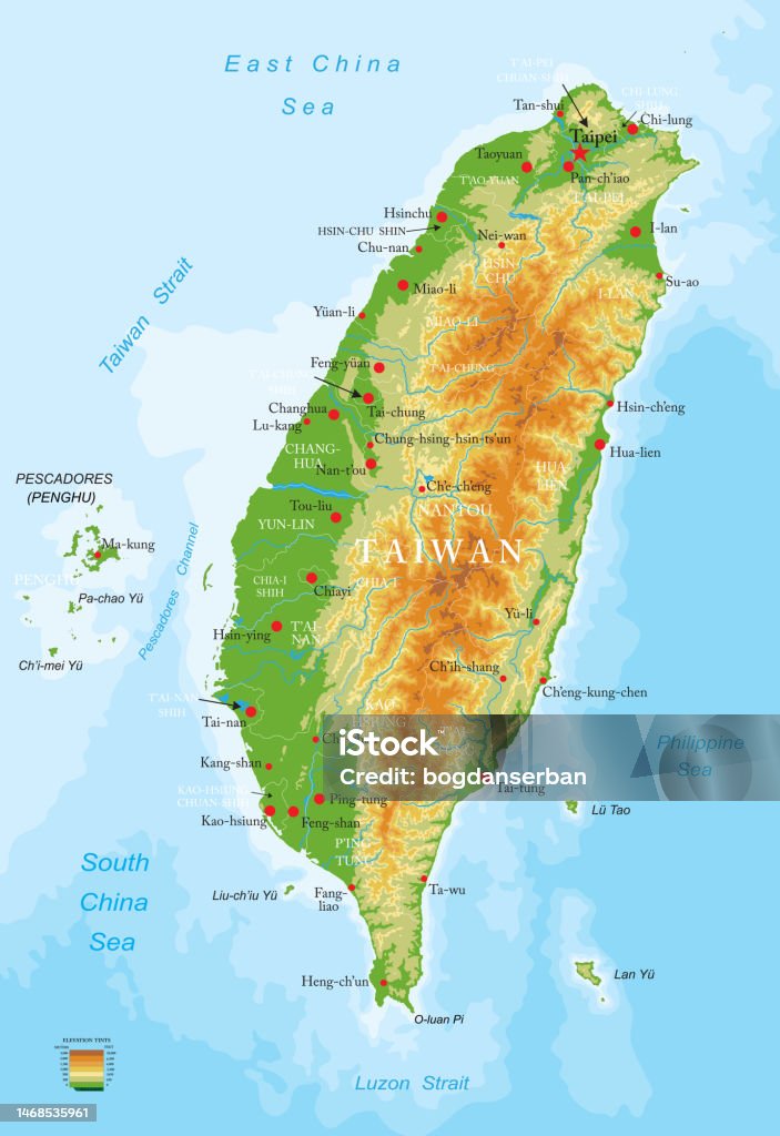 대만 매우 상세한 물리적 지도 대만에 대한 스톡 벡터 아트 및 기타 이미지 - 대만, 지도, 산 - iStock