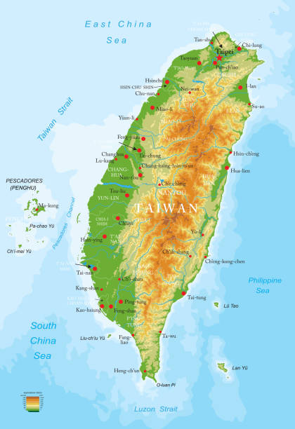 Taiwan highly detailed physical map Highly detailed physical map of Taiwan in vector format,with all the relief forms,regions and big cities. taiwan stock illustrations