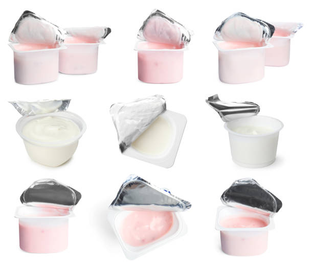 istock Set with tasty yogurts on white background 1468536124