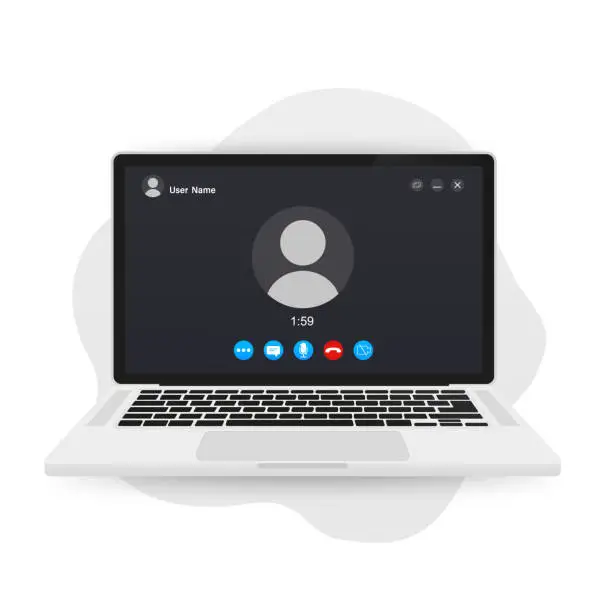 Vector illustration of Video call on smartphone and laptop. Remote working. Video Call screen template. Interface for social communication app. Video conference. Mockup Video. Accept decline buttons. Vector illustration