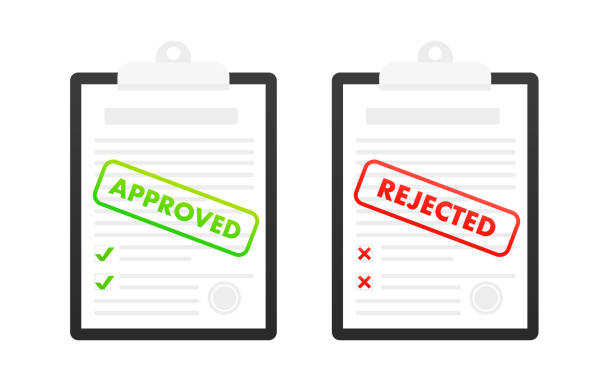 stockillustraties, clipart, cartoons en iconen met approved and rejected application. clipboard with document, red rejected and green approved stamp on white background. concept of fill out online application form. vector illustration - schadeformulier