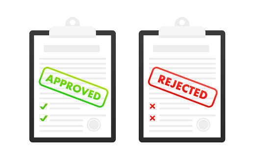 Approved and rejected application. Clipboard with document, red rejected and green approved stamp on white background. Concept of fill out online application form. Vector illustration