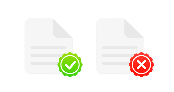 A document with a stamp of a tick and a cross. Contract documents. A document with a stamp and text. Seal of approval and seal of rejection. Vector illustration